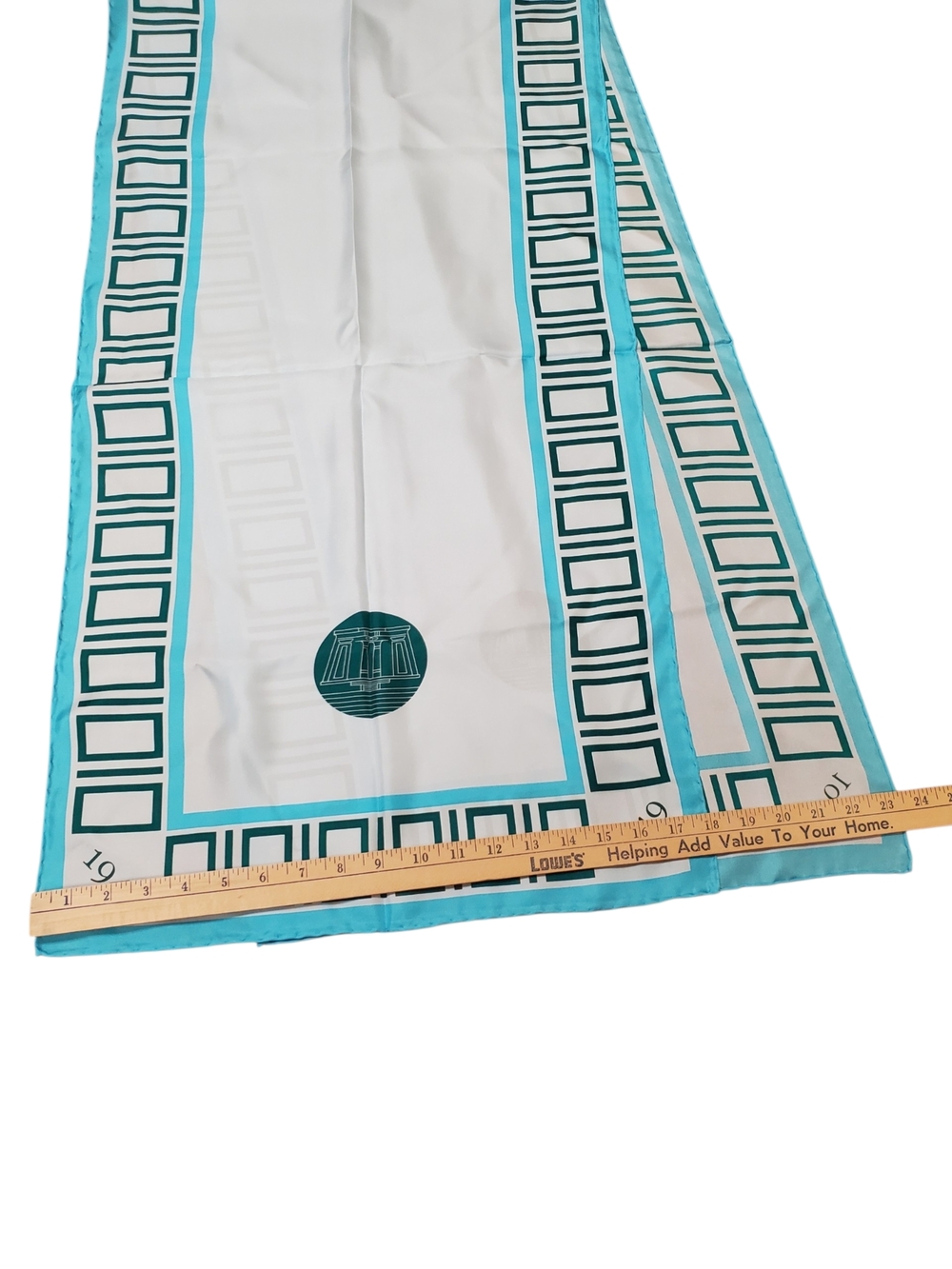 Vntg 100% Silk Scarf Geometric MCM Space Age 1949 Graphic Turquoise Blue. Korea - Picture 9 of 10